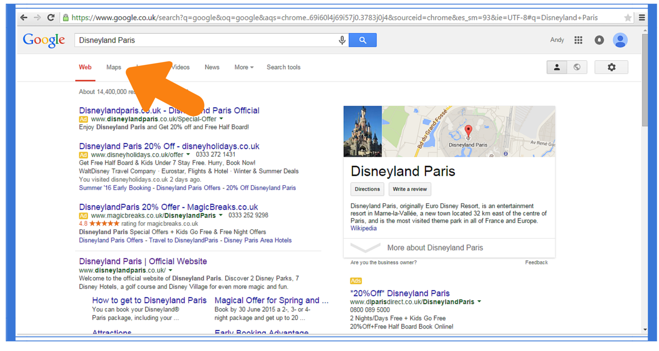 Finding Disneyland Paris accommodation on Google Maps