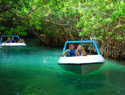 People on speedboat through Mayan Jungle Mexico